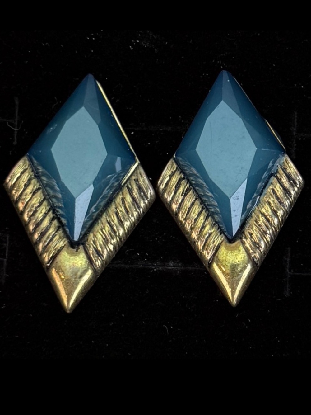 Vintage Teal Blue Aged Goldtone Geometric Pierced Earrings